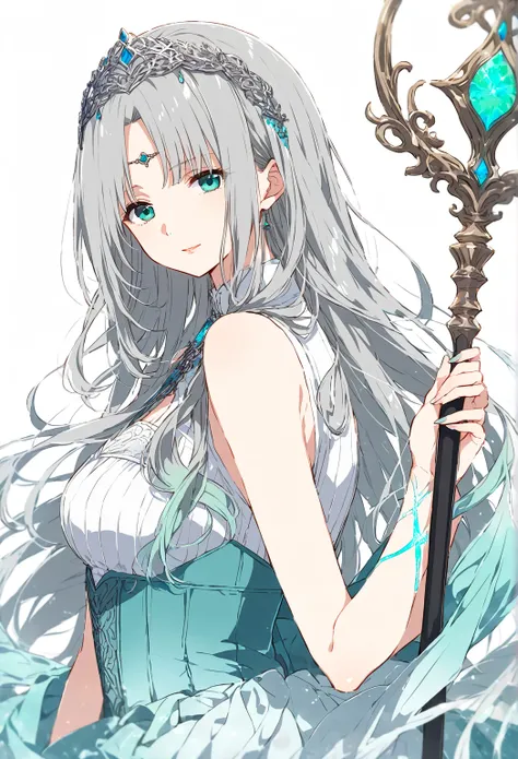 A mature woman with a calm expression, and elegant beauty. Looking at the viewer. She has long, layered hair in an ashy cerulean shade, slightly reflective, with delicate strands. Secured by a unique staff-shaped pin. The rest flows loosely to her mid-back...