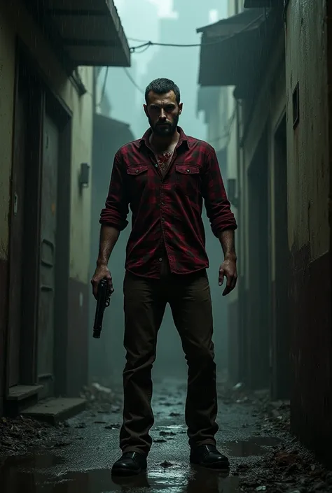 Man in short beard wore red and black checked shirt and brown pant holding gun with blood in his face in mysterious dark old building in rainy night 