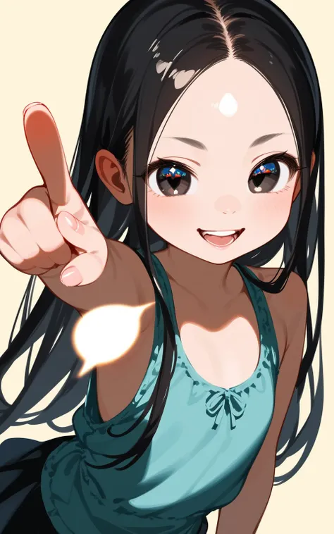 masterpiece,best quality,ultra-detailed,super detailed skin,perfect anatomy,detailed,beautiful detailed eyes,long hair,forehead,straight hair,black hair,black eyes,(loli:1.2),petite,flat chests,
naughty face,pointing,casual clothes,dynamic angle,simple bac...