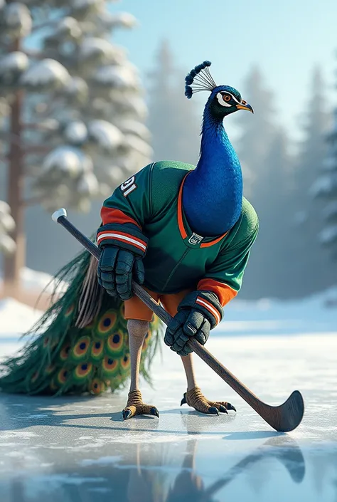 Create an image of a peacock playing hockey