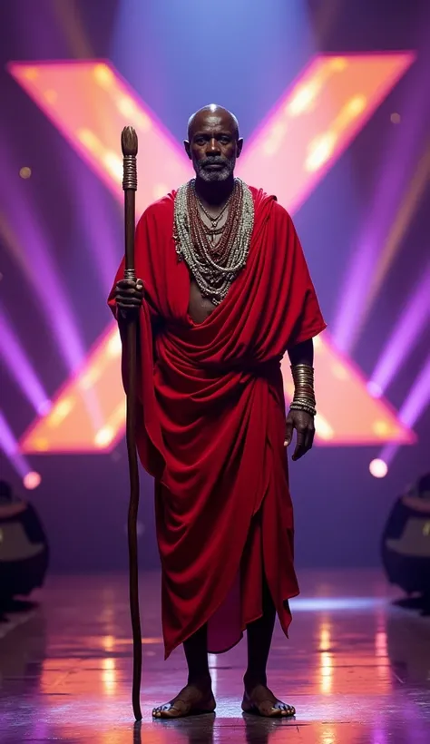 A dark-skinned Maasai man. He wears a traditional red shúkà robe with intricate beaded necklaces and bracelets. He is barefoot and carries a ceremonial staff. He stands fully erect, facing the camera on a stage lit with purple and gold lights, with the ico...