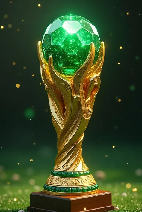 soccer trophy made of gold and green diamond