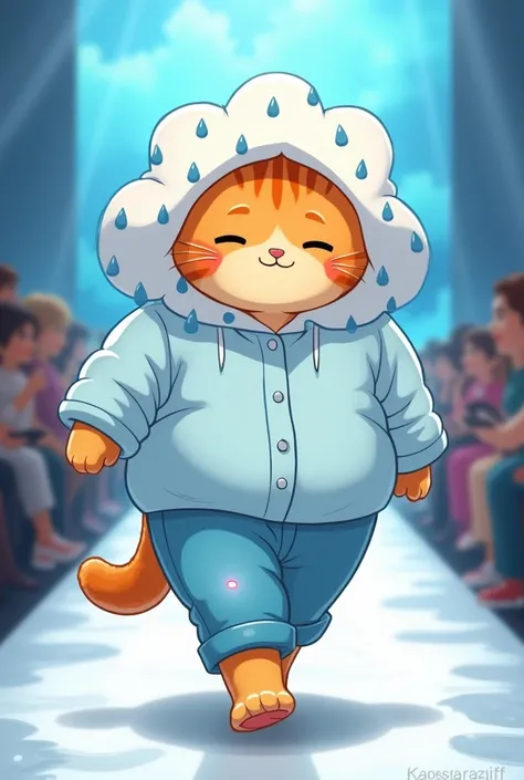 Simple anime style picture of a fat orange tabby cat dressed in a whimsical rain cloud costume. The fat tabby cat walks the runway during a fashion show. The cloud costume has a layer of fluffy white chiffon and a hood with blue raindrops. The outfit also ...