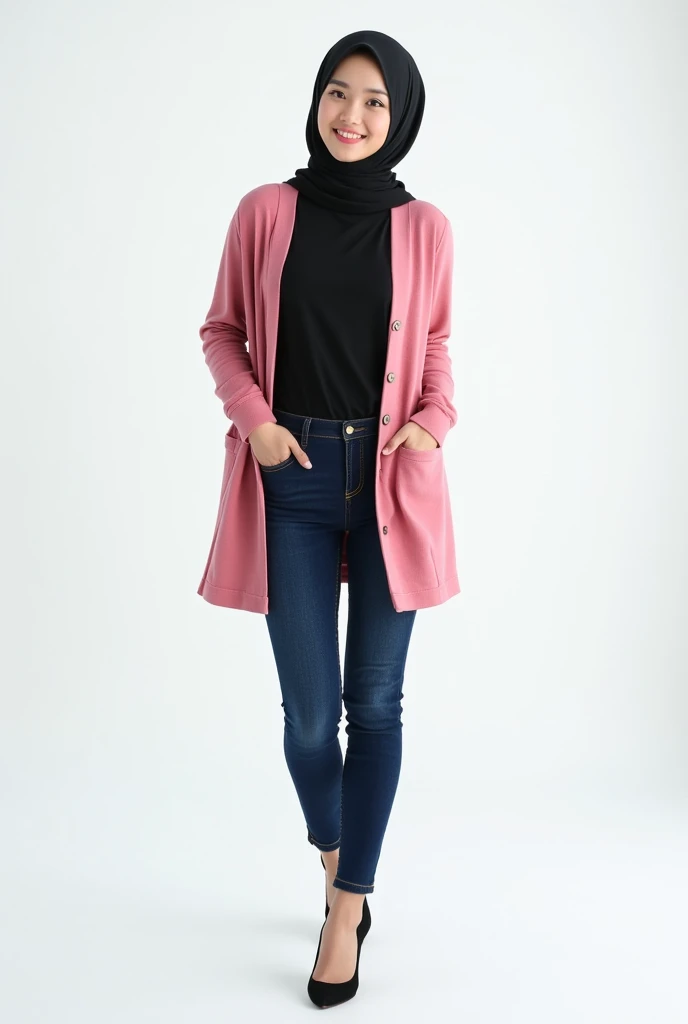 Long shot photography of beautiful asian, woman wear pink cardigan, black shirt, navy blue skinny jeans, with heels, woman wearing black hijab face smile thin , with white background , real looking photo super HD 32k resolution, hyperealistic