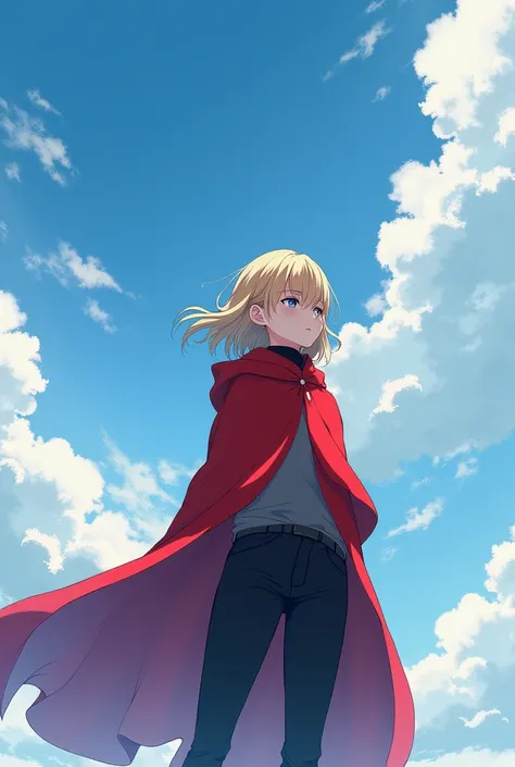 beautiful 20 year old blonde girl , cold,  with short hair  (hair covering his left eye ) black pants and red cape for winter watching the sky anime version