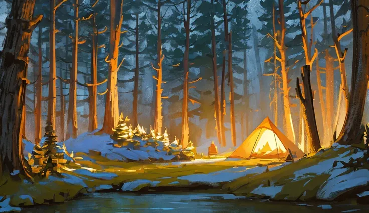 there is a painting of a tent in the woods by the water, calm night. digital illustration, nighttime nature landscape, background artwork, quiet forest night scene, campfire background, night in the forest, at a campfire in the forest, at a campfire at nig...