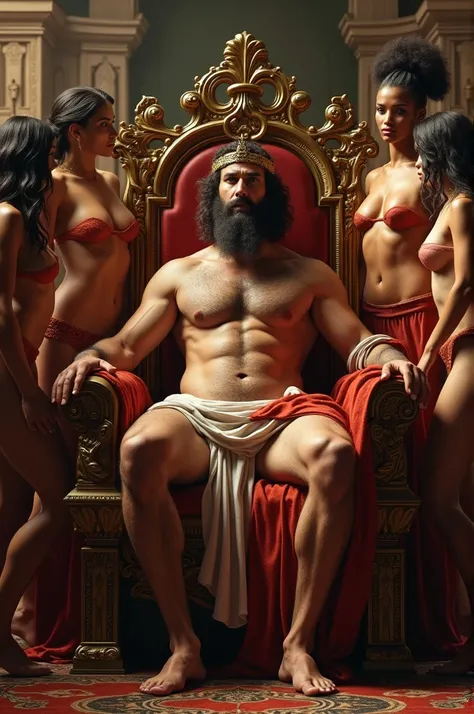  Naked Roman Emperor with Erect Penis sitting on a throne Surrounded by a Harem of women of different ethnicities such as African women, asian, Completely naked white .