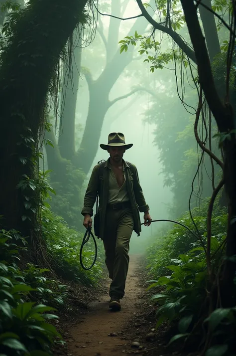 A dense jungle, mist hanging low. Indiana Jones is navigating a narrow path. Hes holding his whip, his fedora slightly tilted from the heat.  
*(Sound: Birds chirping, rustling leaves, distant animal roars)*   

Three pictures