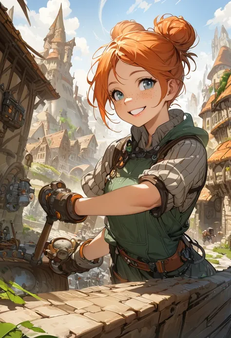 Solo female, human, young, ginger hair, engineer, tinker, goggles, nerdy, short hair, top-knot bun, freckles, fantasy, village, masterpiece, highest quality, smile