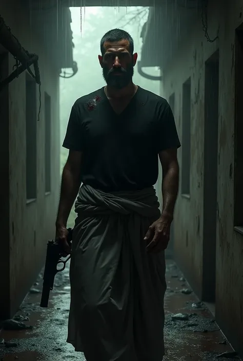 Man in short beard wore black shirt and grey dhoti holding gun with blood in face standing in mysterious old building in rainy night 