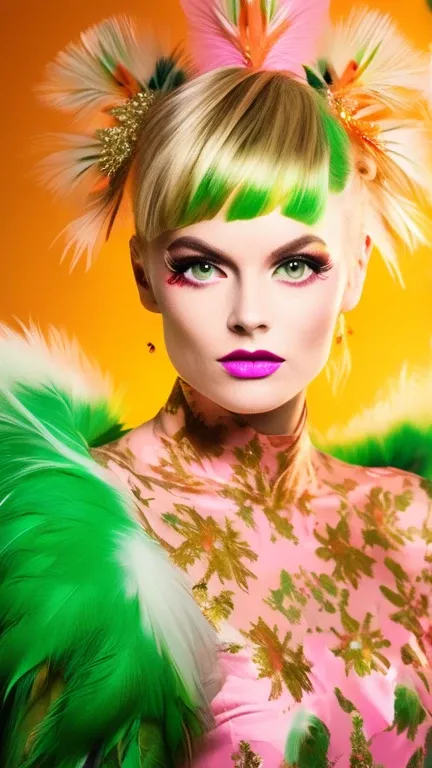 arrogant female Paint Silkie Chicken Angelique Bouchard Collins (animal face, blonde hair, green dress). close, studio light, studio, (((Make up Portrait, Pink Eyeshadow))), ((There are many golden and orange swirls、The face has colorful snowflakes and fea...