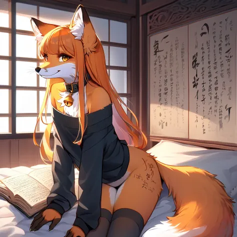 full body、Solo、unpralleled masterpiece、Detailed、 Beautiful、 score_9、 score_8_up、 score_7_up、moody atmosphere、mysterious、fox、anthro、furry、female、orange fur、(long hair、beautiful hair、orange hair、side swept hair、bangs)、yellow eyes、(tuft of fur)、(digitigrade、c...