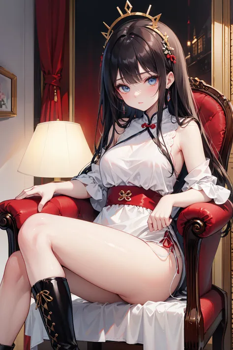  has long, dark hair ， with warm blue eyes  ，Black eyebrows、Clear and bright eyes，The lines of the facial features are soft and graceful，Cold and elegant，Refined spirit，There is no flaw at all。 The skin is white and red ，The bright red cheongsam-style nigh...