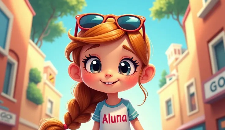 cute girl cartoon ,braid,sunglasses on head,monopoly go theme ,got aluna named on shirt