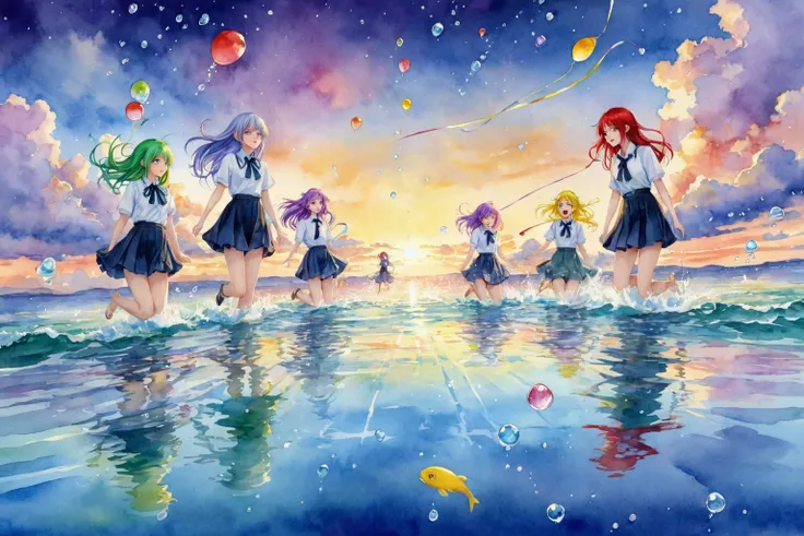 1.5),( 1 girl),( Dynamic Poses ),(multicoloRed Hair+ Silver Hair:1.3+Red Hair:1.2+Purple Hair+yellow hair:1.3+ green hair:1.3),( blue eyes),( neck ribbon),(floating),(cloud),(Too many drops of water),(Twilight),(watercolor),( wide shot)