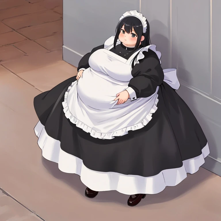 masterpiece,  best quality,Advanced Details,  long black hair,  One Girl ,obesity,  The entire dress completely covers the body.、(Black Long Sleeve Maid Outfit )、 high neck shirt、 Long Skirt, full body、