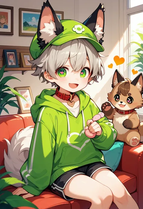  very detailedな, very detailed, brown fur gray hair ,Brown hair,,male,骨を見てExcited,Heart Eyes,participate, green white and colored hat, cute face,Sitting!,Red collar,black ears , fluffy fur like one,Excited,Horny boy,Beautiful room, s room ,Smiling face,Dro...