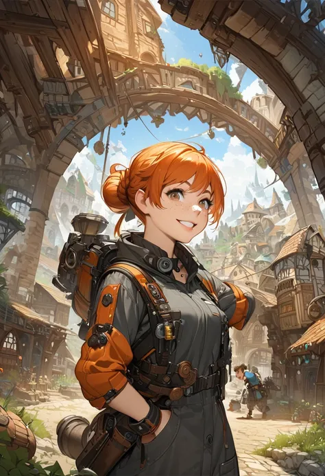 Solo female, human, young, ginger hair, engineer, tinker, goggles, nerdy, short hair, top-knot bun, freckles, fantasy, village, masterpiece, highest quality, smile