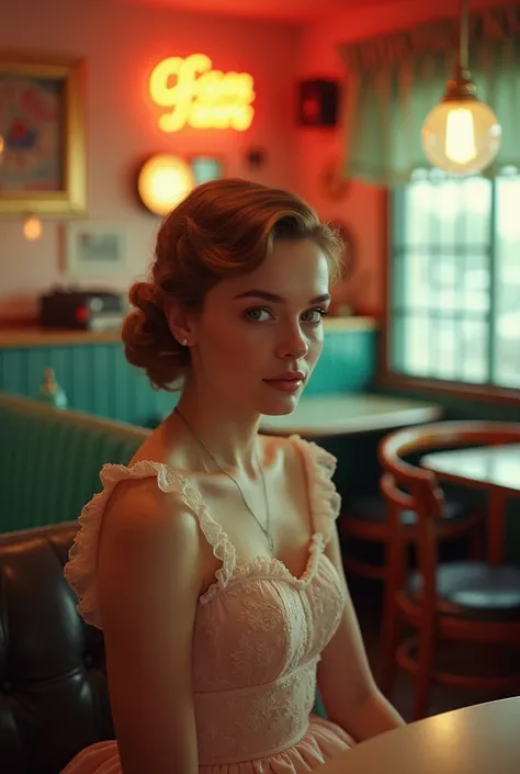  a girl dressed in a dress inspired by the 1950s ,  complete with a round skirt and petticoat , hair styled in classic curls .  She should be sitting in a traditional restaurant ,  surrounded by vintage details like a record player , chrome details, and ne...