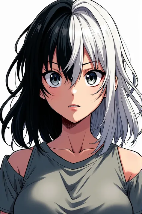 Boku no hero acidemia 
Comics panel of a female
She has Has waist-length black and white hair, white on the right and black on the left.Hair,and Black and white eyes she is a hero , she is wearing a Dress casually hero custume 