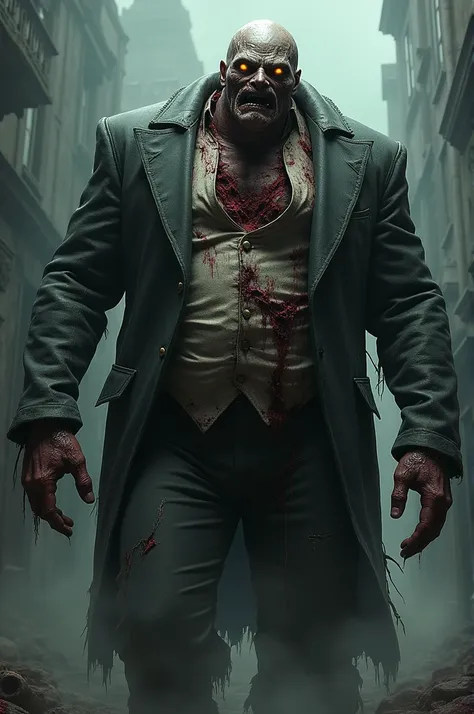 worn-out suit jacket and a torn vest, stained with blood and grime. His body is incredibly muscular and imposing, with decayed flesh exposing sinew and bone. Half of his face is missing, revealing an exposed skull and rotting "A hulking zombie dressed in t...