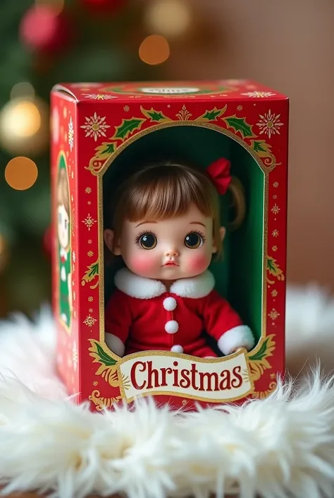 A beautiful red, green, gold toy doll box for selling with the words "Christmas" written on the front. The front of the box is transparent so you can see the doll inside. Inside, there is a cute chibi fat girl doll, wearing red and white Christmas outfit, ...