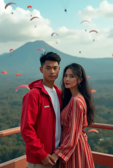  A handsome 24-year-old Indonesian young man with his lover wearing a supreme jacket , they were standing on a flying blimp,  over the beautiful Mount Bromo,  the background shows there are many looks of parachutists on top of a very beautiful mountain mou...