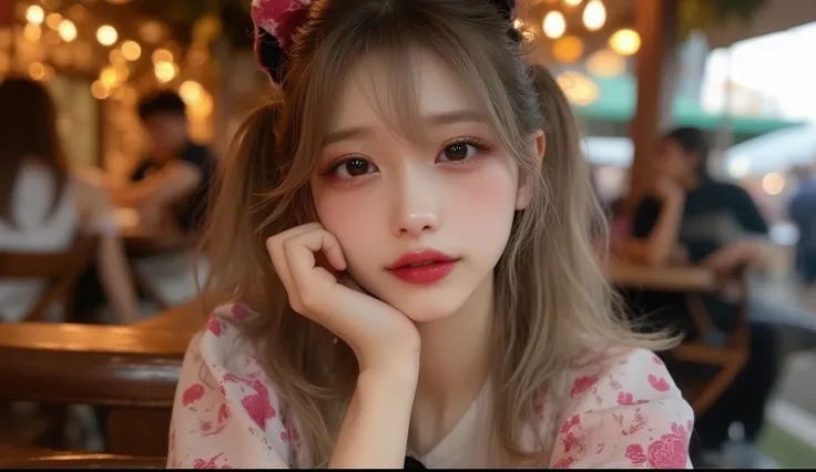  A young woman is wearing Korean makeup and looking straight ahead in a professional realistic photo style,The background is an outdoor café, and the atmosphere is cozy. You can see it all the way up to your waist ,   The image is full of professional phot...