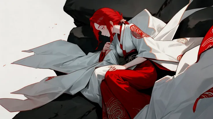 A red-haired female character wearing a Japanese dress is holding her dying white-haired brothers body in her arms.