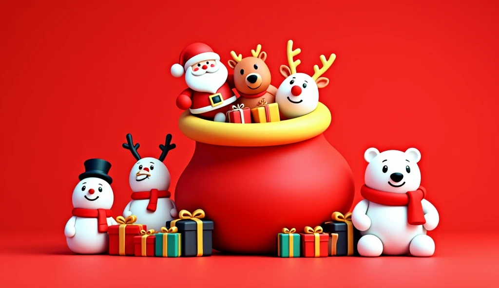 Image is a digital illustration with a festive Christmas theme, featuring a vibrant red background. Central to the composition is a large, red, sack-like container filled with gifts, adorned with a golden rim. Surrounding the sack are several cartoonish ch...