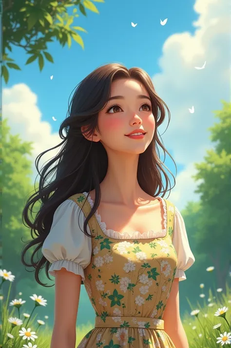  Young woman with large dark brown hair ,  in the park looking at the sunny sky ,  her eyes are light brown and shining, She wears a flowery and modest dress 