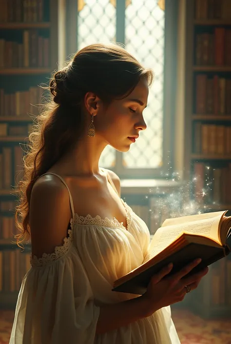 Beautiful 20-year-old woman caught reading a magic book in a library opening a portal