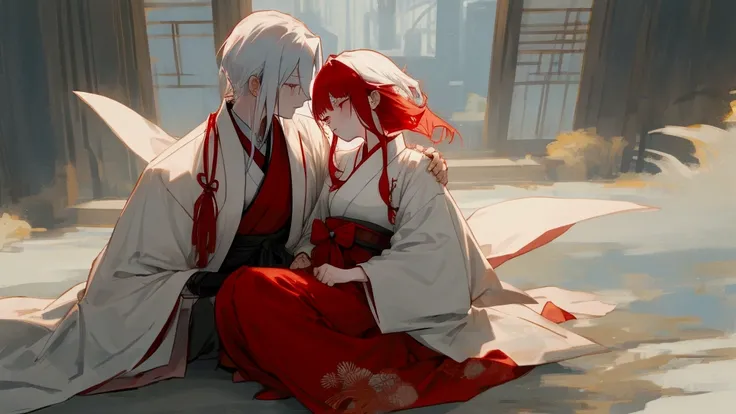 A red-haired female character wearing a Japanese dress is holding her dying white-haired brothers body in her arms.