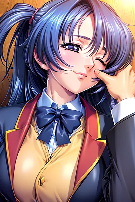 close one eye, (((1 girl))), ((upper body)), (best quality), (masterpiece), ((((focus on face)))), つやのある肌, smile, school uniform, blazer, glistening breasts, medium breasts, blowing a kiss