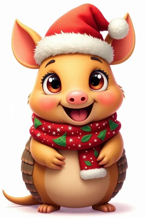 "A cute and playful cartoon quirquincho in a Disney-inspired style, with soft, light brown fur and a prominently visible textured shell. The armadillo is wearing a festive, unique Santa hat with charming holiday details, along with a cozy, Christmas-themed...