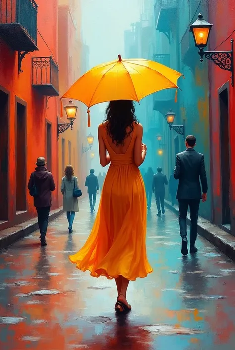  oil on canvas ,   of a woman with a yellow umbrella, In the streets of Turkey ,  weak spots and artistic blur  , gray sketch  , coral, Turquesa, red,     Masterpiece , detail,   Impressionism  .  High resolution , 4k.