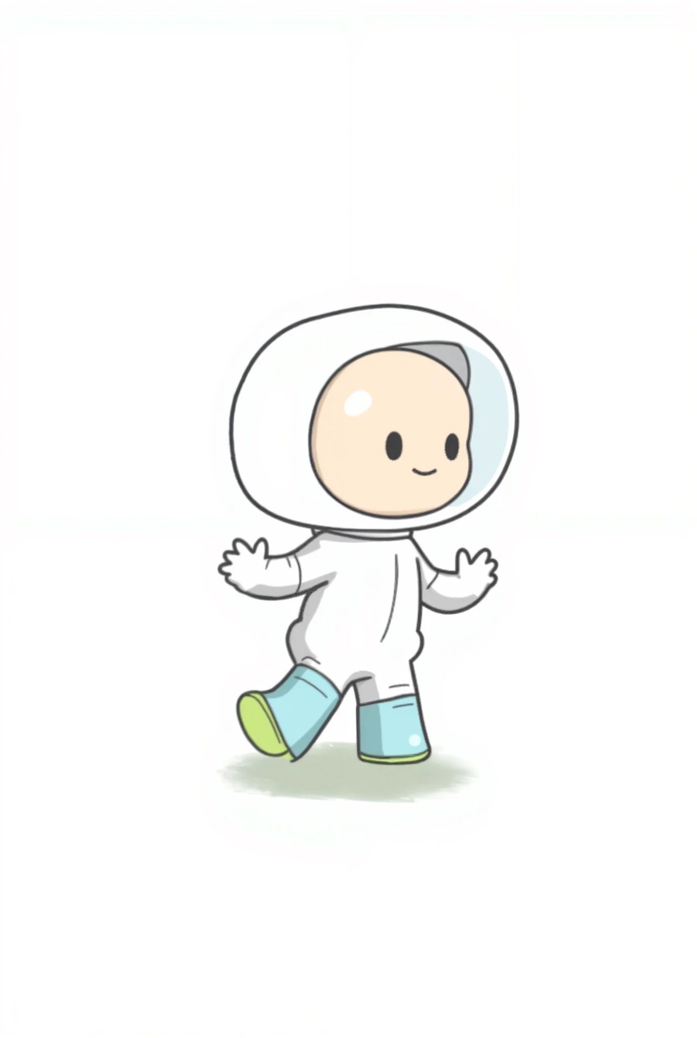 A cartoon drawing of an astronaut, seemingly a  or small being, in a white helmet and suit.  The astronaut has light blue pants and lime green boots, and is depicted mid-stride, arms outstretched, one hand raised in a wave-like gesture. The style is whimsi...