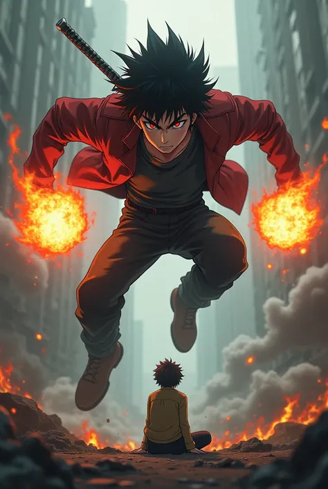 Dark haired anime teenager red eyes gleaming through smoke with shoulder length spiky hair hovering far  above  in sky above his opponent he roars menacingly while massive fire balls from his hands  at a bald opponent who is pleading on the ground 
Sword o...