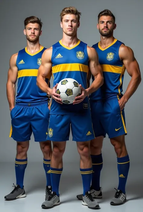 Three Handsome Åland Islands Guys, Athlete, football Player, Photoshoot, at grey studio background, holding a ball, ultra hd, detailed face, detailed skin, detailed hair, highly detailed, wear Åland Islands official jersey, Standing Full Body