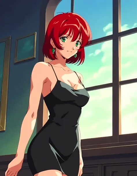 score_9, score_8_up, score_7_up, BREAK source_anime, best quality, masterpiece, rating_explicit, dna_hunter_mai, 1girl, red hair, short hair, green eyes, earrings, short, black dress, taut dress, spaghetti strap black dress, sleeveless, arms at side, earri...