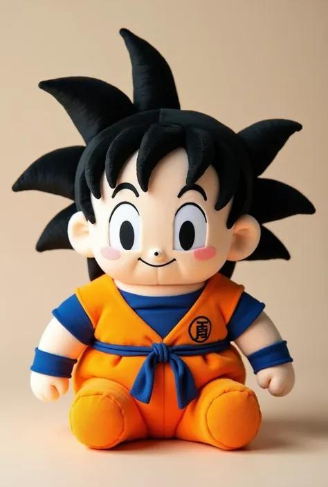  high quality image , of a Goku plush that comes from Dragon Ball Super,with the plush style known as Fumo ,From Touhou ,con el rostro del peluche fumo From Touhou  sonriente 