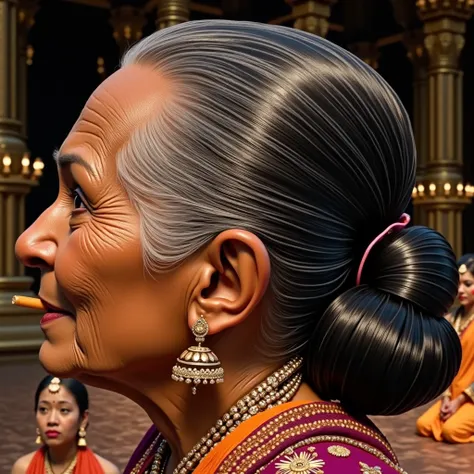 Two elderly Indian bridal women sit confidently in a grand chandelier-lit naga temple, eyes wide and mouths open in astonished surprise. One woman leans in, perfectly extending her tongue, licking the other’s scalp in the manner of savoring ice cream, her ...