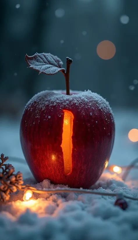 "Imagine an apple shaped like the letter I. The apple is tall and narrow, with its sides subtly carved to form a sleek, vertical I shape. A short stem and a slightly curled leaf sit on top. The apple’s surface is smooth and glossy, with a rich red color bl...