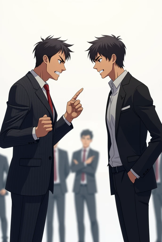 A  man with two individuals facing each other. On the left, a man in a pinstripe suit, appearing angry, is aggressively pointing his finger while leaning forward. His facial expression shows frustration or anger. On the right, a composed man in a black sui...