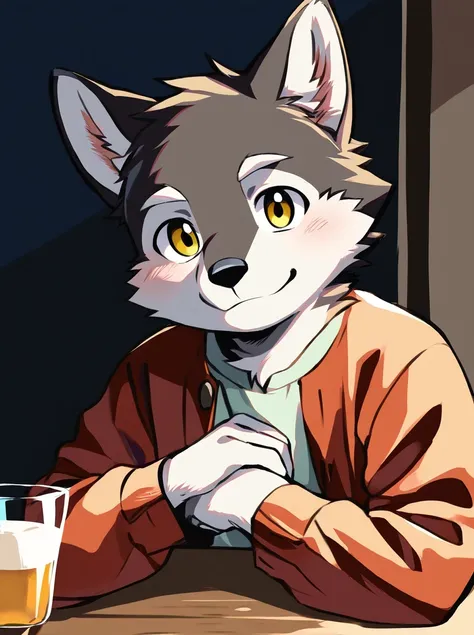 male, furry, 1boy, solo, wolf, white countershading, handsome, young, white eyebrows, casual clothes, folded hand,  BREAK high res, best quality, 8k, fancy, clear detail, table