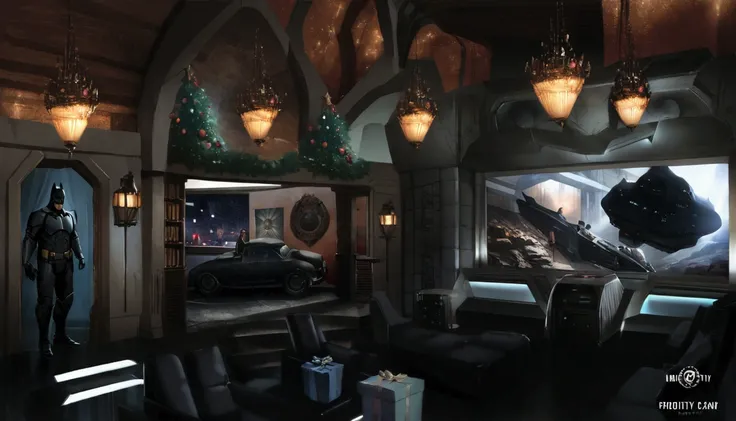 batman movie theater with a large screen and a batman car, movie concept art, cinematic design, concept art for movies, sci-fi hollywood concept art, movie environment design, sci-fi themed, photorealistic dark concept art, star wars cavern interior, weta ...