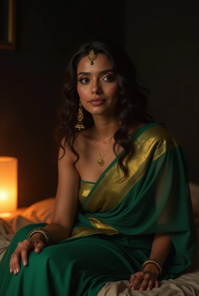 Lust . A woman with a charming face Wears a low cut saree , cleavage seen , the saree is green and gold , sitting on the edge of the bed , shy expression , she is waiting for her husband to make love for the forst time . Indian bridal makeup. The rooms atm...