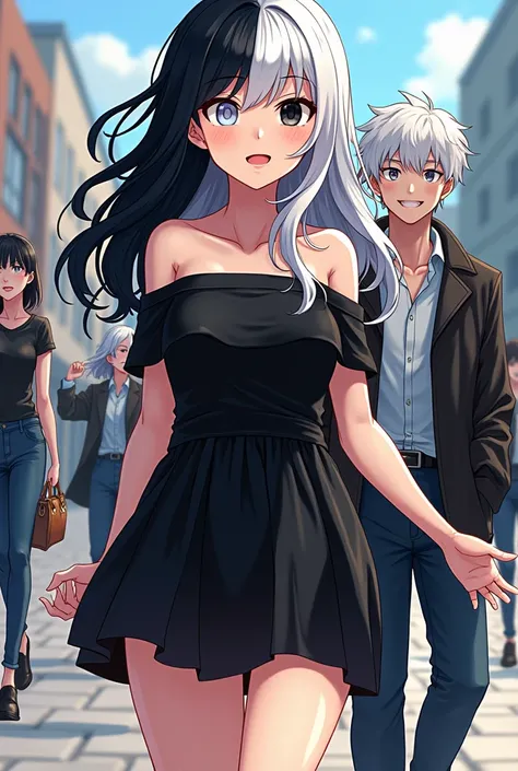 Boku no hero acidemia 
Comics panel of a female
She has Has waist-length black and white hair, white on the right and black on the left.Hair,and Black and white eyes she is a hero , she is wearing a Black off shoulder mini dress
 hero custume  and  Walk be...