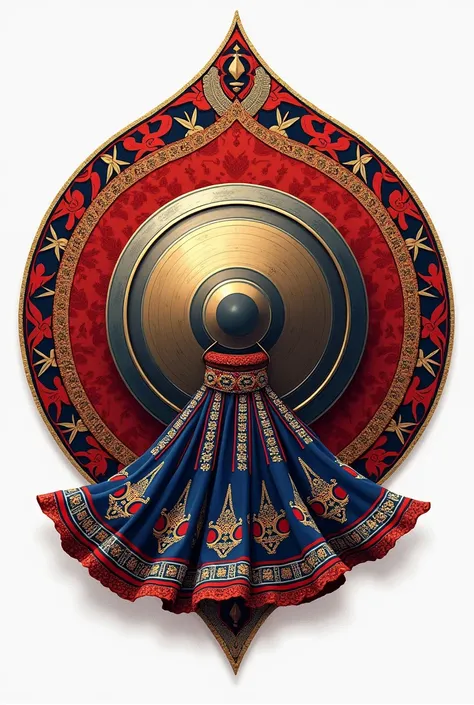 Draw a logo combining a gong, a skirt and a piece of fabric with typical Hmong patterns