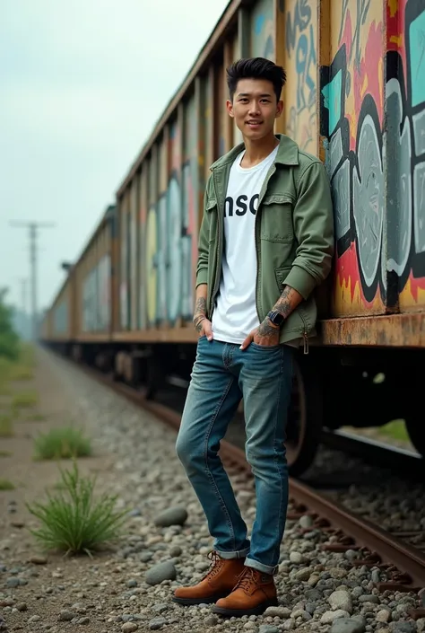 A Korean man with slickback hair and tattoos on his arms confidently stands next to a long train covered in graffiti on the railroad tracks, wearing a light green jacket, a white T-shirt with the "HSC" logo, jeans, and brown leather boots. He puts one hand...